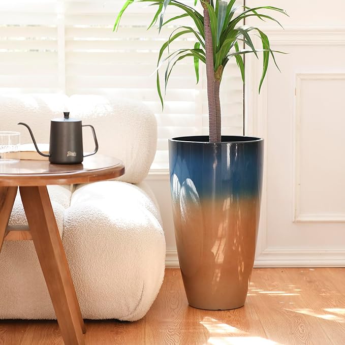 Tall Planters for Outdoor Plants, Heavy-Duty Plastic Lightweight Flower Pots Blue to Khaki Gradient Garden Pots Porch Planters Outdoor Set of 2 Gifts for Plant Lovers