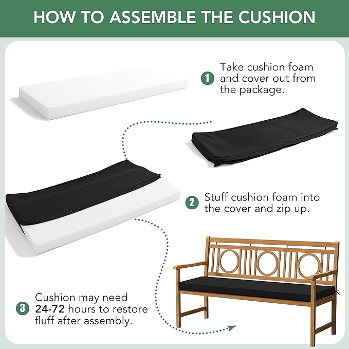 Outdoor Bench Cushion: Waterproof and Fade Resistant Patio Furniture Cushions - Non-Slip Bench Pad Cushion with Removable Cover for Garden Swing Porch Sofa Settee, 45 x 18 Inch, Black