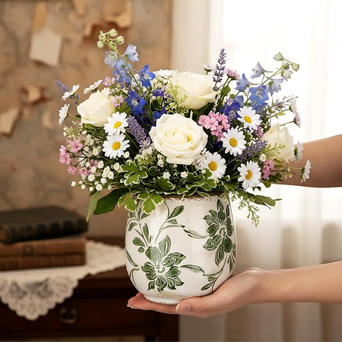 Vintage Ceramic Flower Pot with Ice Crackle Rustic Planter with Drainage Holes for Indoor and Outdoor Decor Home Living Room Garden Decor Gardening Gift(Rustic Style)