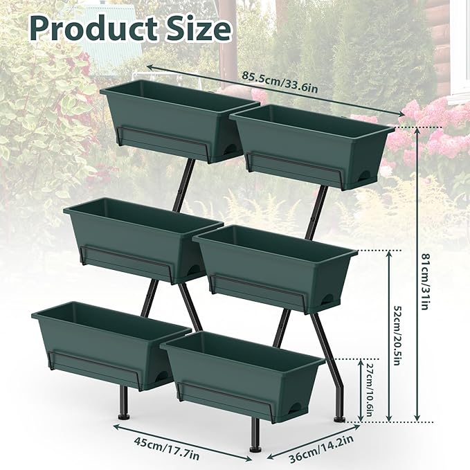 Sunexinlo 3-Tier Vertical Garden Planter with 6 Boxes, 31" Tall Raised Garden Bed with Adjustable Feet for Herbs, Flowers, Vegetables, Ideal for Indoor, Outdoor, Patio, Balcony, Deck Use, Green