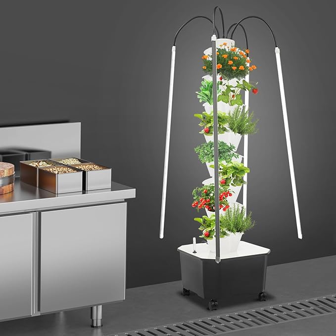 Hydroponic Growing System Herb Garden, 40 Pods Smart Indoor Gardening System w/Grow LED Light Full Spectrum & Water Circulation, Hydroponic Tower Plants Germination Kit for Herbs, Vegetables (White)