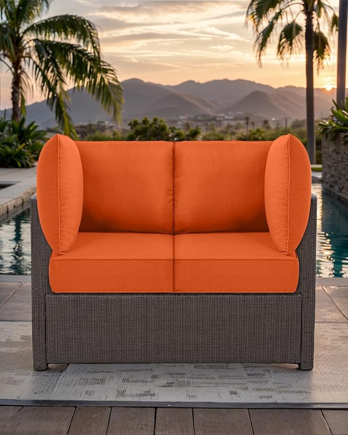 Luxury 24x24x6 Outdoor Corner Cushion 1 Set - Water-Repellent 3-Piece Cushion Set with Zipper for Outside Rattan Wicker Sofa Loveseat Chair Sectional Patio Conversation Sets - Orange/Classic