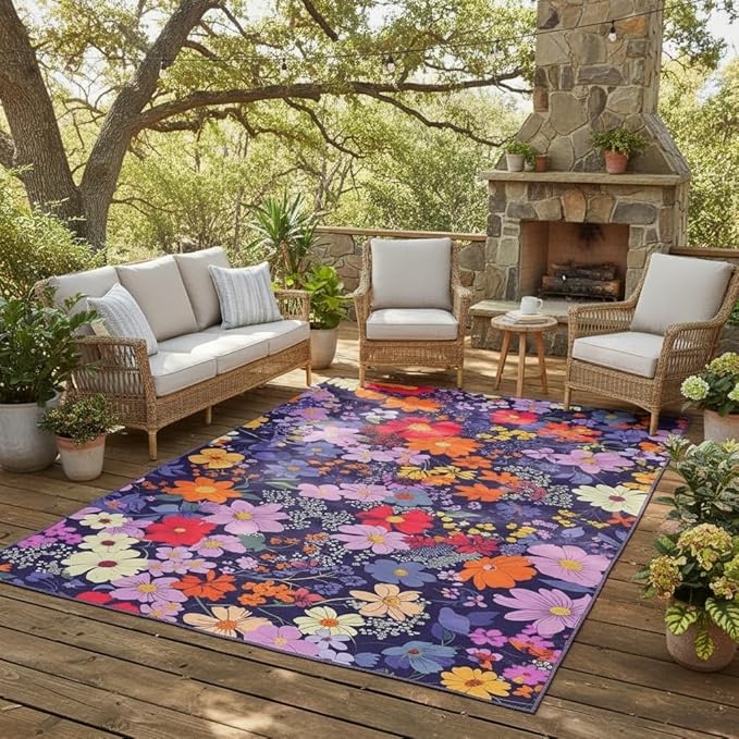 Waterproof Floral Outdoor Area Rug 2x6 Vibrant Purple Red Orange Flowers Texture Outdoor Rug for Patio Balcony Deck Garden Camping Stain Resistant Waterproof Porch Backyard Thin Outside Carpet Mat