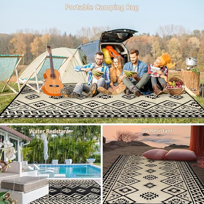 LILIOFFIC Outdoor Rugs - Reversible Mats, 5'x8' Plastic Straw Rug for Patio Clearance Waterproof, Indoor Outdoor Area Rug Carpet for Outside, RV, Deck, Picnic, Beach, Trailer, Camping, Black & Beige
