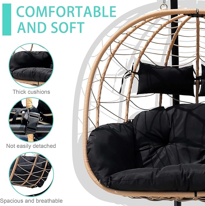 Hanging Egg Chair with Stand Indoor Swinging Chair Outdoor Hammock Egg Chair for Patio, Bedroom, Garden and Balcony (Black, Large)