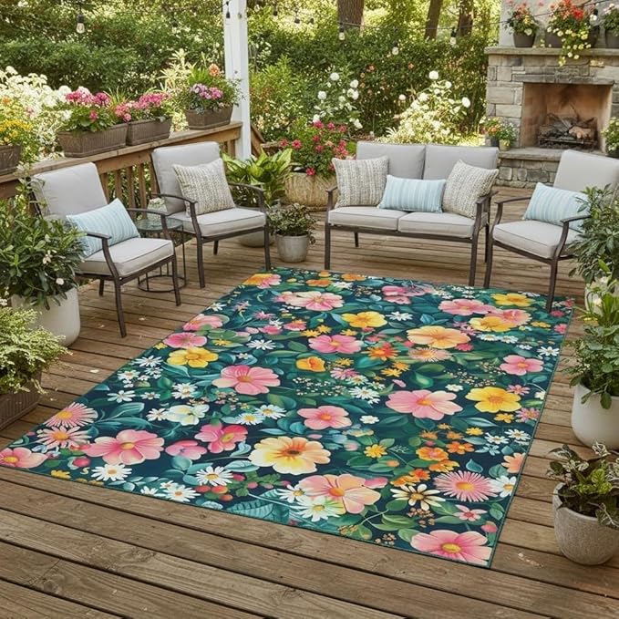 Spring Summer Garden Floral Theme Outdoor Rug for Balcony Patio Deck Porch Backyard Green Leaves Pink Yellow Flowers Area Rugs 2x3 Modern Multicolor Flowers Texture Outside Carpet Camping Mat