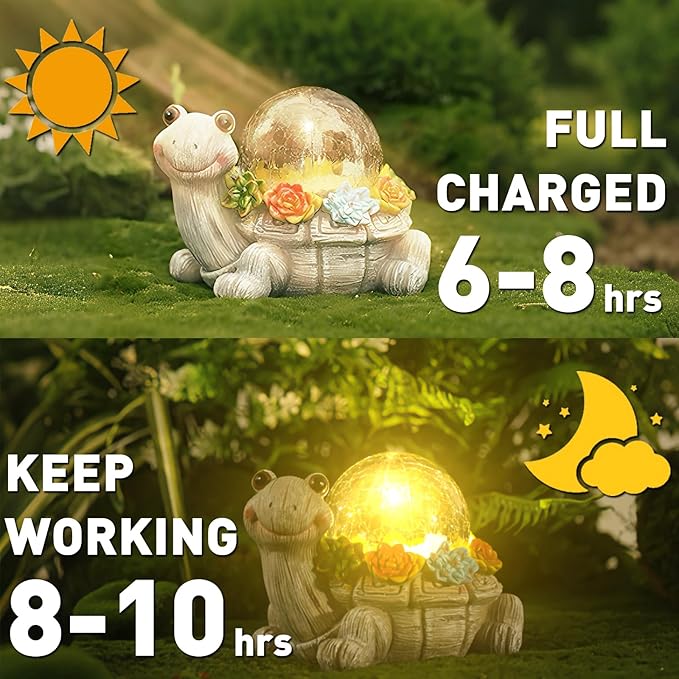 Solar Turtle Garden Statue Lights for Outdoor Decor with Cracked Glass LED Figurine Lighting Resin Succulent Tortoise Decorations Patio Lawn Yard Housewarming Mom Gifts (Grey, Large)