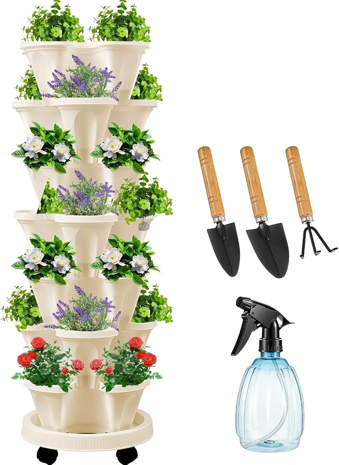Umigy 1 Set Beige 7 Tier Vertical Planter Stackable Tower Planters Strawberry Herb Flower and Vegetable Pots Indoor Outdoor Gardening Pots with Removable Wheels and Tools