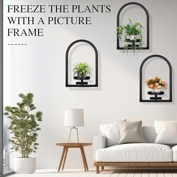 4 Pcs Wall Plant Holder Wall Planters for Indoor Plants Metal Window Planters Shelves Picture Frame for Indoor Outdoor Living Room Balcony Garden (Arch Style)