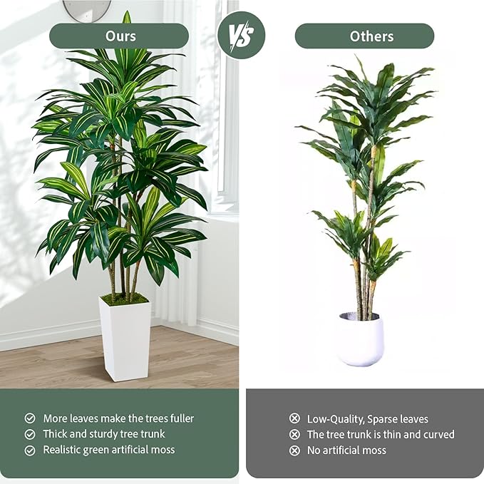Artificial Dracaena Plant 6FT - Fake Tree with Tall Planter and Fairy Lights, Artificial Trees Faux Yucca Plants Indoor, Fake Plants for Home Office Living Room Decor