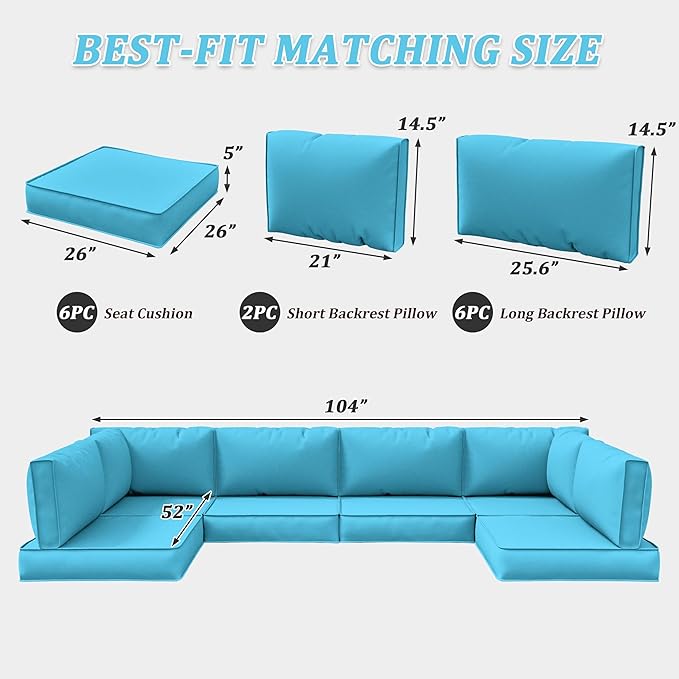 14-Piece Outdoor Cushions for Patio Furniture Thick Outdoor Chair Cushions 5" Foam High-Density Water-Resistant Deep Seat Cushion for 6-Seat Sectional Sets Liner&Cover Lake Blue