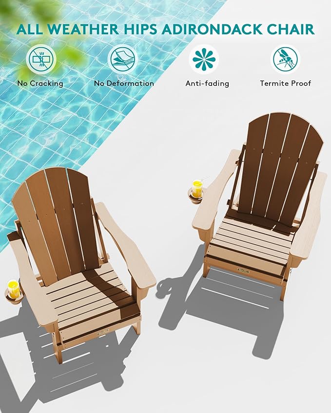 SERWALL Folding Adirondack Chair Set of 4 Outdoor Chairs with Cup Holder Painted Adirondack Chair Weather Resistant for Patio Deck Garden, Backyard Deck, Fire Pit- Brown