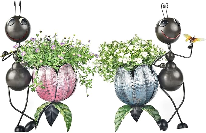 Sungmor 15" Tall Ants Planter, 2PC Pink & Blue Pack, Lovely Ant Statue Metal Flowerpots, Vintage Color Painted Lifelike Decorative Garden Pots, Adorable Animal Plant Pots, Planters for Outdoor Plants