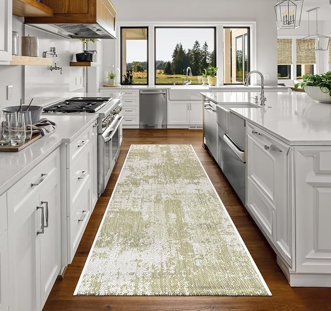 Keen Home Design Terrace Outdoor Runner Rug - 26"x91" Washable Indoor/Outdoor Rug for Patio, Kitchen, Balcony, Beach, Garden, Deck and Porch, Size: 2'2" x 7'7", Abstract Green