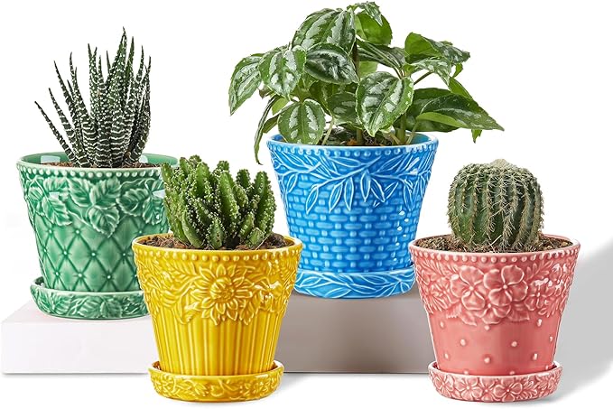 Succulent Ceramic Pots, 3.8 Inch Small Plant Pots with Drainage Hole & Saucer, Flower Planter Pot for House Plants Cacti, Home Decor, Set of 4, Assorted Colors