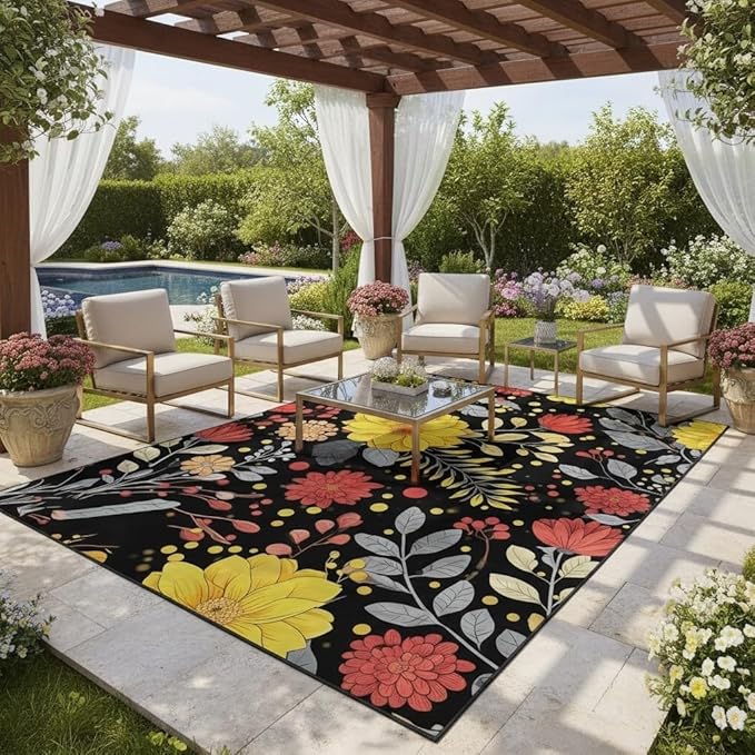 3D Visual Blooming Flowers Pattern Outdoor Area Rug 9x12 Modern Art Deco Yellow Pink Floral Outdoor Rug for Patio Balcony Garden Pool Non Slip Waterproof Outside Carpet Black Low Pile Yard Large Rugs
