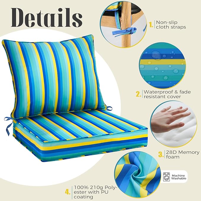 Outdoor Deep Seat Cushion Set 19 x 19 Inch, Waterproof Fade Resistant Patio Furniture Deep Seat & Backrest Cushion Set with Removable Cover for Pation Furniture(Stripe Beach, 19" x 19" + 19" x 16")