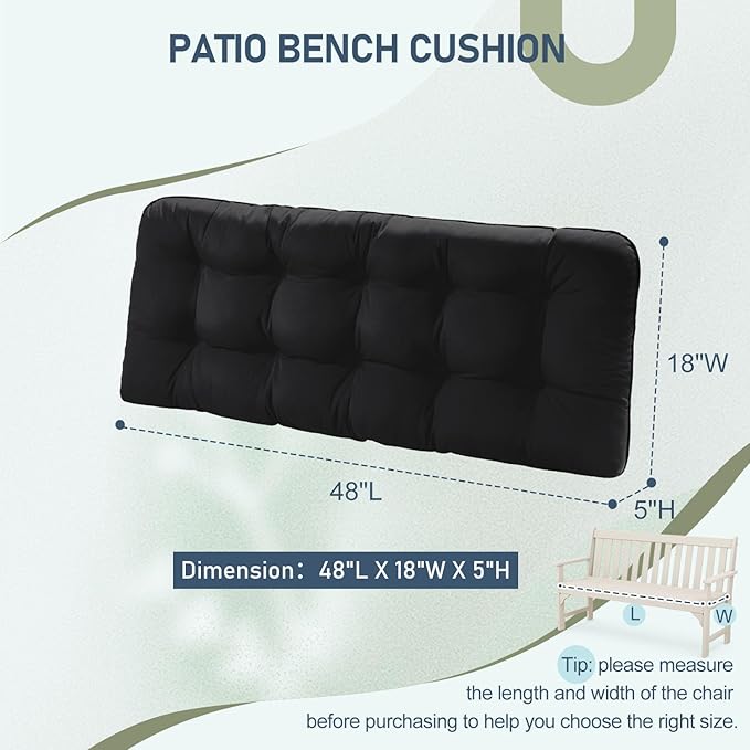 downluxe Outdoor Bench Cushion for Patio Furniture, Waterproof Tufted Overstuffed Porch Swing Cushions, Thick Outdoor Loveseat Cushions, 48" X 18" X 5", Black, Set of 1