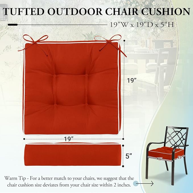 Wellsin Outdoor Chair Cushions Set of 2, Patio Cushions for Outdoor Furniture, Tufted Waterproof Outdoor Chair Pads, 19 x 19 Inch, Brick Red