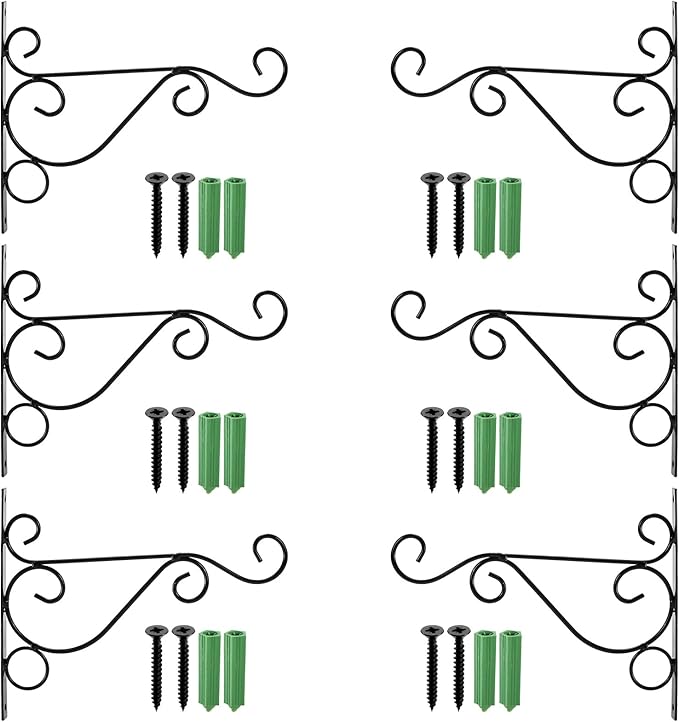 Fasmov 6 Pack Hanging Plant Brackets, 10" Sturdy Iron Wall Mount Flower Basket Hook Indoor Outdoor Bracket for Hanging Bird Feeders, Lanterns, Planters, Wind Chimes, Ornaments with Screws (Black)