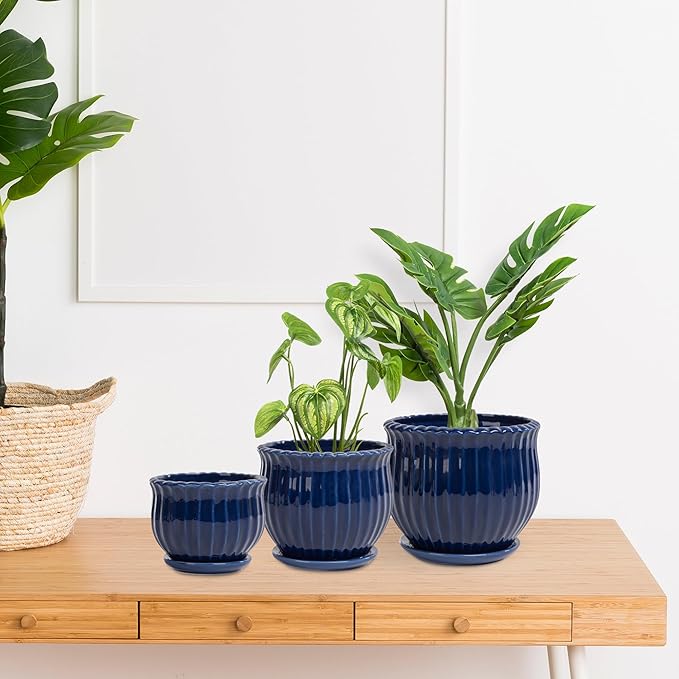 Ceramic Flower Pots, Ceramic Planters with Drainage Hole and Saucer, Modern Round Ceramic Succulent Plant Pots with Stripe Texture, Small to Medium Sized, Set of 3, Navy Blue