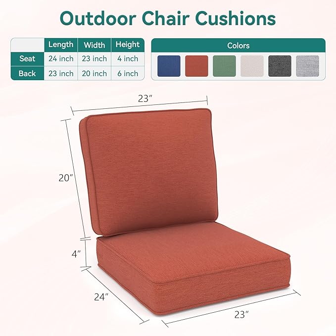 Outdoor Chair Cushions 23" x 24" x 4", Patio Deep Seat Replacement Cushions Set with Zippered Removable Cover, Weather-Resistant Olefin Fabric for Garden Chair Sofa Couch, Set of 6, Red