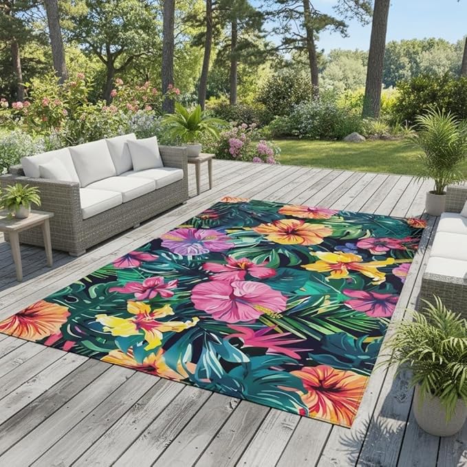 Tropical Botanical Floral Outdoor Rug Contemporary Aesthetic Green Pink Yellow Flower Texture Rug for Balcony Patio Deck Garden Washable Non Slip Large Carpet Waterproof Camping Rv Picnic Mat 2x6