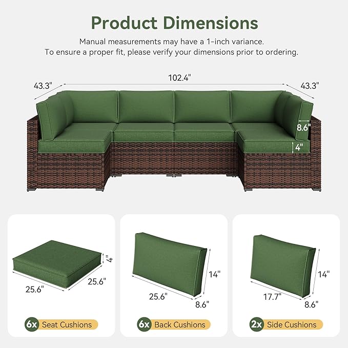 Aoxun Outdoor Replacement Cushions for Patio Furniture, Waterproof Sofa Cushion for 6-Seat Rattan Wicker Sectional Patio Conversation Sets, 14-Piece Cushions Set for L-Shape Couch, Green | Breathable Fabirc, Non-slip Bottom, Removable Cover, Bullhorn B...