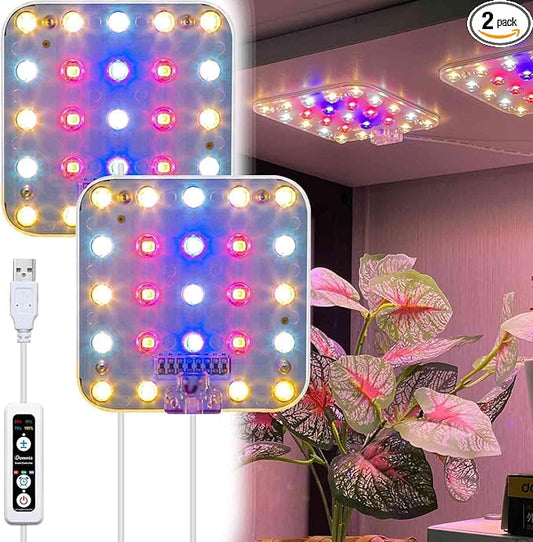DOMMIA Full Spectrum LED Grow Light for Indoor Plants, 2 Panels 10W with 6/12/16h Timer Dimmable Plant Lights for Flower Veg Plant Growth USB, Pinkish White, 2-Pack