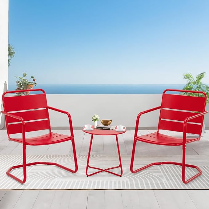 MELLCOM 3 Piece Patio Set, 2 C-Spring Retro Metal Patio Chairs and Round Side Table, Outdoor Bistro Set for 2 Idea for Balcony, Front Porch, Poolside, Deck, Indoor, Red