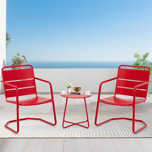 MELLCOM 3 Piece Patio Set, 2 C-Spring Retro Metal Patio Chairs and Round Side Table, Outdoor Bistro Set for 2 Idea for Balcony, Front Porch, Poolside, Deck, Indoor, Red
