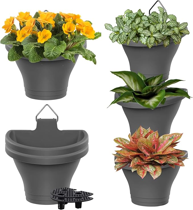 MADHOLLY 6Pcs Hanging Vertical Planter- Plastic Wall Hanging Planter with Hooks Leaky Grid- Self Watering Hanging Pots for Indoor Outdoor Garden Fence Hanging Decorations (Gray)