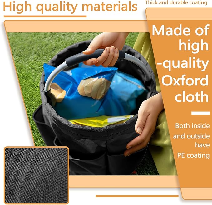 Black 17 L Picnic Garden Tool Bag with 6 Pockets, Foldable Bucket Organizer for Storage Camping Home Cleaning Products, Portable Garden Caddy Tote with Handle Harvest Basket (Black)