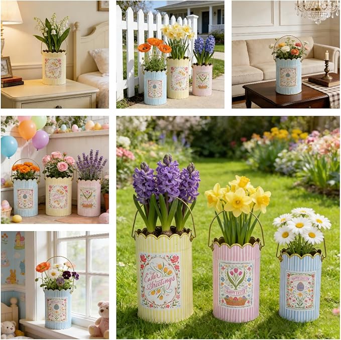 Set of 3 Vintage Floral Metal Bucket, Multi-Size Planters for Flowers & Easter Egg Containers, Rustic Garden & Home Decor