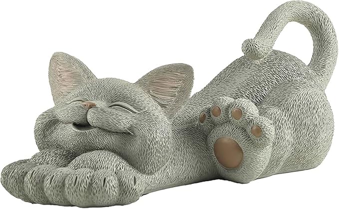 JFSM INC. 12" Whimsical Lounging Grey Cat Garden Statue - Indoor Outdoor Relaxed Zen Cat Sculpture - Garden Decorations for Patio Yard Lawn Porch