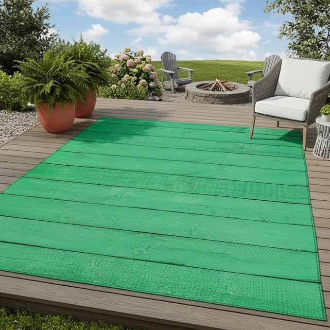 Vibrant Green Wooden Striped Outdoor Area Rug 3x8 Natural Rustic Wood Print Waterproof Outdoor Rug for Balcony Backyard Patio Deck Porch Washable Foldable Outdoor Carpet Camping Rv Picnic Mat