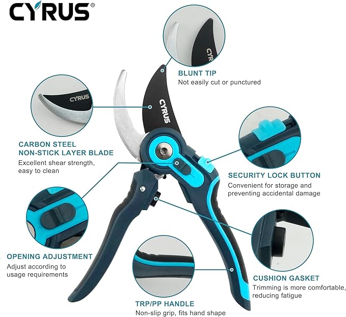 CYRUS Adjustable labor-saving Pruning Shears, Garden Shears with Non-Stick Carbon Steel Blade, 0.866 Inch Cutting Diameter, Safety Lock & Anti-Slip TPR Handle for Gardening, Flower Trimming