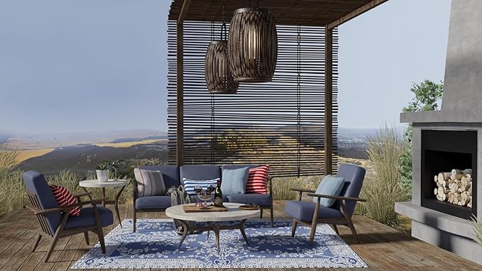 Mad Mats Traditional Outdoor Rug, Reversible Plastic Mat (6' x 9', Oriental Garland - Blue/White)