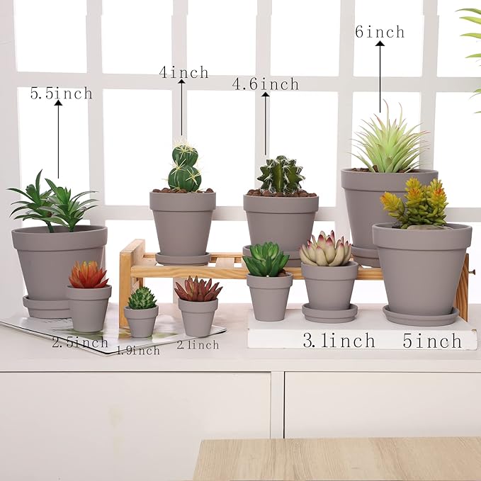 Yishang Large Terra Cotta Pots with Saucer- 6 Pack Large 6'' Terra Cotta Plant Pot with Drainage Hole, Flower Pot with Tray, Terracotta Pot for Indoor Outdoor Plant(Grey)