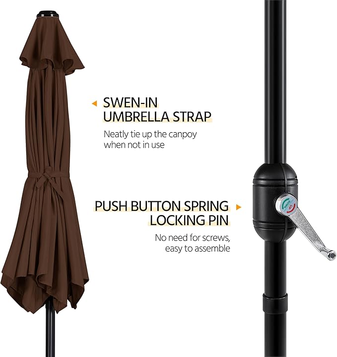 Yaheetech Patio Umbrella, 9FT Outdoor Table Market Umbrella with Push Button Tilt and Crank, Yard Sun Shade with Sturdy Ribs for Garden, Deck, Backyard, Pool, Brown