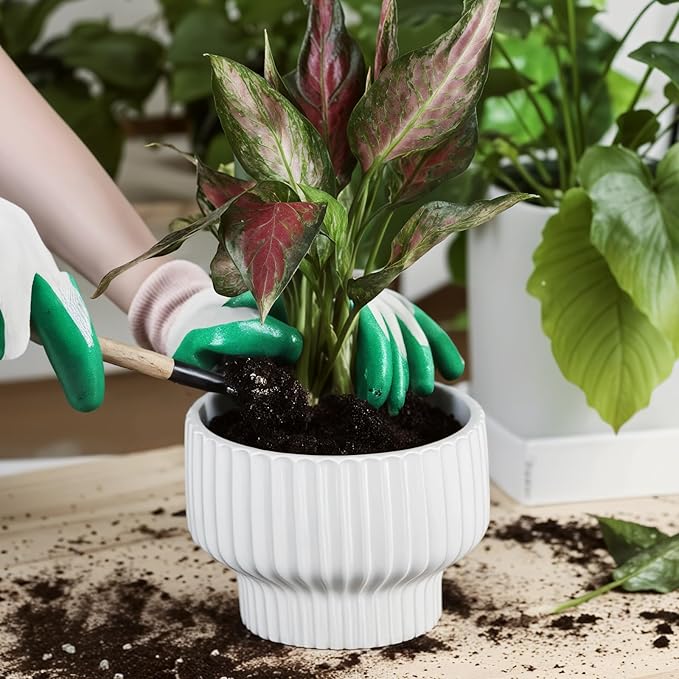 OXART Ceramic Pots for Plants, 7.7 Inch Round Plant Pot with Drainage Hole, Modern Outdoor Flower Pots Home Garden Decorative Planters for House Plants Indoor Planters (White)
