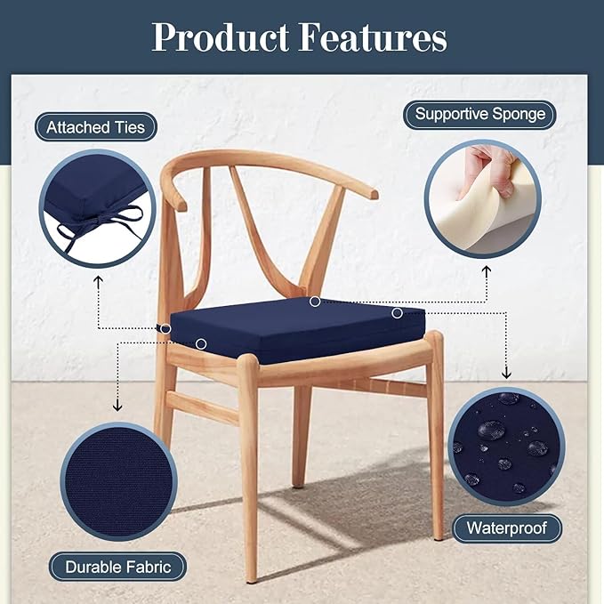 Cozyide Outdoor Chair Cushions, Waterproof Patio Seat Cushions with Adjustable Straps, Square Corner Patio Chair Cushions for Garden, Navy, 18.5x16x3 Inch (Pack of 4)