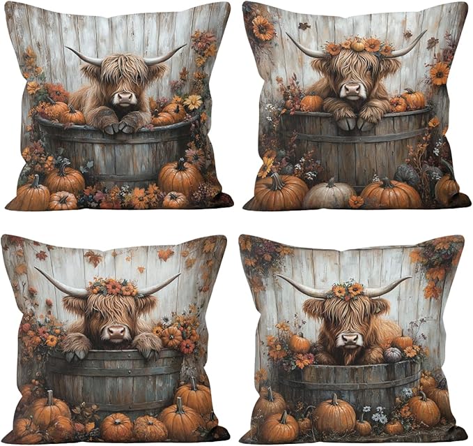Highland Cow Pillow Covers 18x18 inch Set of 4, Rustic Pumpkin Autumn Farmhouse Throw Pillow Covers Farmhouse Cushion Case Decor for Sofa Couch
