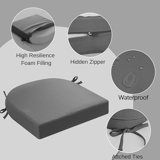 idee-home Outdoor Chair Cushions Set of 2, Thick 19" x 19" x 2" Outdoor Seat Cushions Patio Furniture Waterproof with Ties, Dining Pads