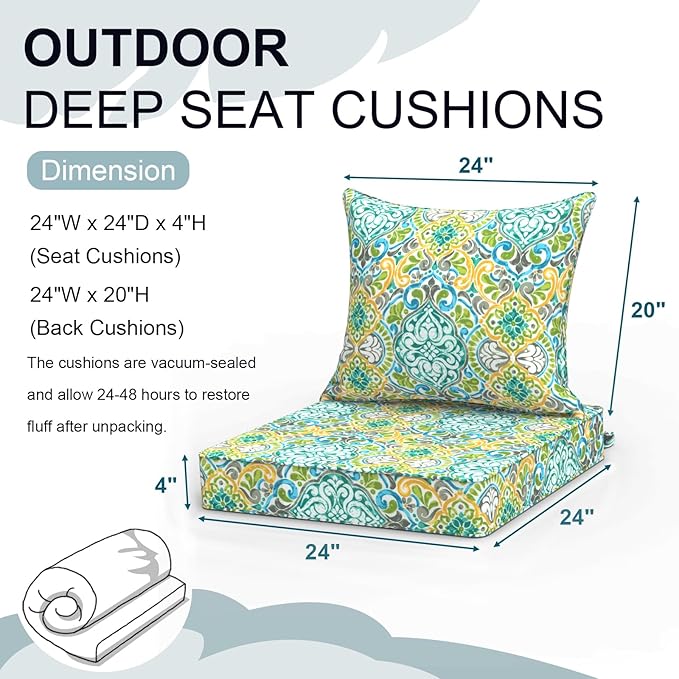 Outdoor Deep Seat Cushion Set, Water Repellent 24"x24" Patio Thick Cushions Replacement with Seat & Back Pillow for Patio Sofa, Wicker Chair, Couch - Damask Green