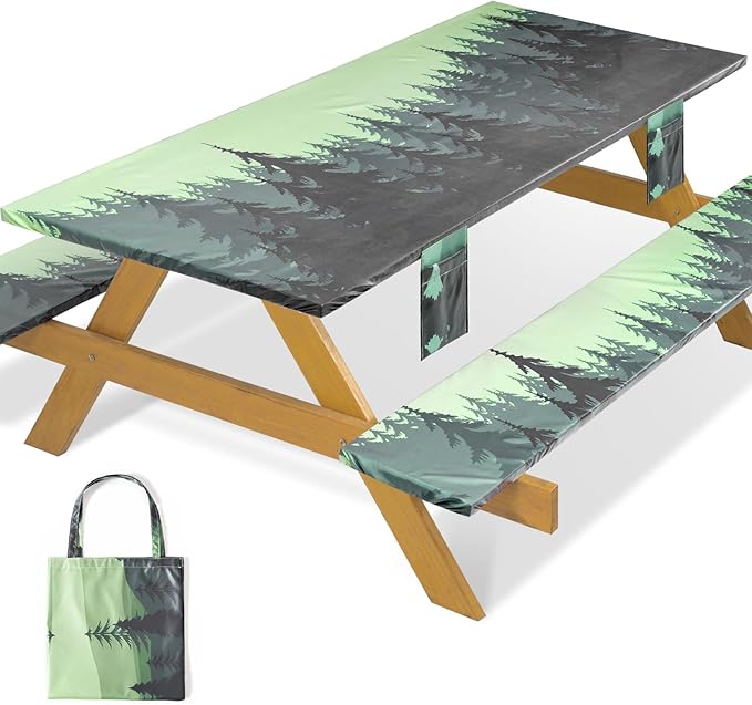 Fitted Waterproof Picnic Table Cover with Bench Covers Elastic Edges Camping Tablecloth for 8 Foot Rectangle Tables Camp Cooking Motorhome Hiking Equipment Car Rv Travel Trailer Needs Gifts