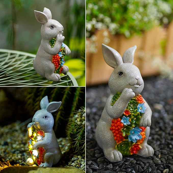 Nacome Solar Garden Outdoor Statues Bunny with Succulent and 7 LED Lights – Lawn Decor for Patio, Balcony, Yard Ornament - Chrismtas Gifts for Mom Grandma