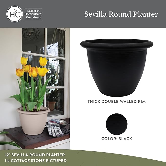 The HC Companies Sevilla Flower Planters - Durable Outdoor & Indoor Planter - Round Lightweight Self Watering Plant Pots for Herbs & More (16" Black, Pack of 1)