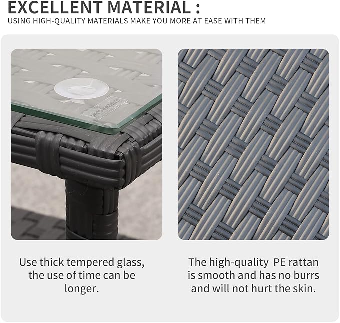 Valita Outdoor Wicker Glass Top Side Table Patio Rattan Square End Table, Black