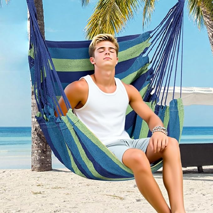 Goutime Hammock Chair, Boho Hanging Rope Ceiling Swing, Macrame Hanging Swinging Chair for Indoor,Outdoor,Bedroom,Outside,Garden,Balcony,Yard,Deck,Max 330 Lbs,Blue and Green